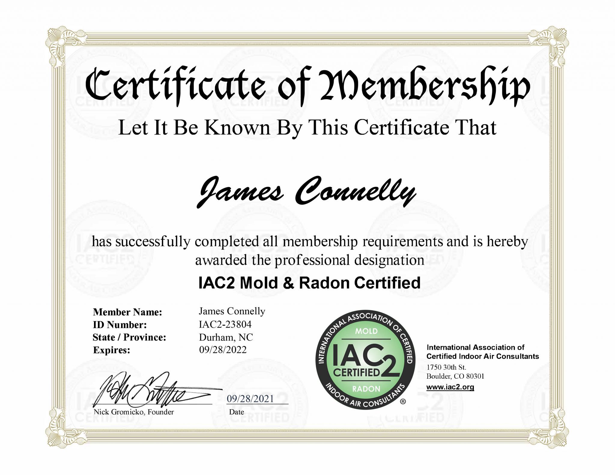 IAC2 Mold and Radon Certified 