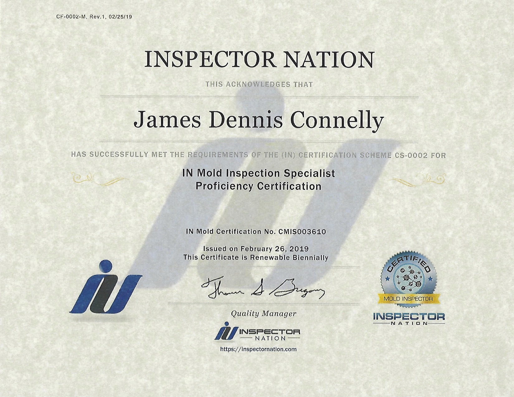 Inspector Nation Mold Proficiency Certification 